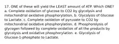 17. ONE of these will yield the LEAST amount of ATP. Which ONE? a. Complete oxidation of glucose to CO2 by glycolysis and mitochondrial oxidative phosphorylation. b. Glycolysis of Glucose to Lactate. c. Complete oxidation of pyruvate to CO2 by mitochondrial oxidative phosphorylation. d. Phosphorolysis of glycogen followed by complete oxidation of all the products by glycolysis and oxidative phosphorylation. e. Glycolysis of Glucose-1-phosphate to Lactate.