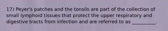 17) Peyer's patches and the tonsils are part of the collection of small lymphoid tissues that protect the upper respiratory and digestive tracts from infection and are referred to as __________.