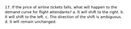 17. If the price of airline tickets falls, what will happen to the demand curve for flight attendants? a. It will shift to the right. b. It will shift to the left. c. The direction of the shift is ambiguous. d. It will remain unchanged.