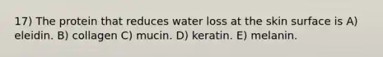 17) The protein that reduces water loss at the skin surface is A) eleidin. B) collagen C) mucin. D) keratin. E) melanin.