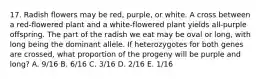 17. Radish flowers may be red, purple, or white. A cross between a red-flowered plant and a white-flowered plant yields all-purple offspring. The part of the radish we eat may be oval or long, with long being the dominant allele. If heterozygotes for both genes are crossed, what proportion of the progeny will be purple and long? A. 9/16 B. 6/16 C. 3/16 D. 2/16 E. 1/16