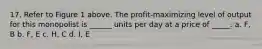 17. Refer to Figure 1 above. The profit-maximizing level of output for this monopolist is ______ units per day at a price of _____. a. F, B b. F, E c. H, C d. I, E