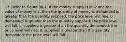 17. Refer to Figure 30-1. If the money supply is MS2 and the value of money is 5, then the quantity of money a. demanded is greater than the quantity supplied; the price level will rise. b. demanded is greater than the quantity supplied; the price level will fall. c. supplied is greater than the quantity demanded; the price level will rise. d. supplied is greater than the quantity demanded; the price level will fall.