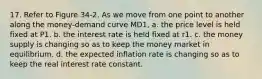 17. Refer to Figure 34-2. As we move from one point to another along the money-demand curve MD1, a. the price level is held fixed at P1. b. the interest rate is held fixed at r1. c. the money supply is changing so as to keep the money market in equilibrium. d. the expected inflation rate is changing so as to keep the real interest rate constant.