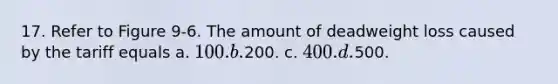 17. Refer to Figure 9-6. The amount of deadweight loss caused by the tariff equals a. 100. b.200. c. 400. d.500.