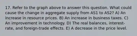 17. Refer to the graph above to answer this question. What could cause the change in aggregate supply from AS1 to AS2? A) An increase in resource prices. B) An increase in business taxes. C) An improvement in technology. D) The real balances, interest-rate, and foreign-trade effects. E) A decrease in the price level.