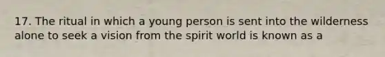 17. The ritual in which a young person is sent into the wilderness alone to seek a vision from the spirit world is known as a