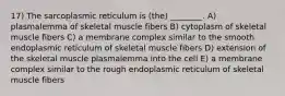 17) The sarcoplasmic reticulum is (the) ________. A) plasmalemma of skeletal muscle fibers B) cytoplasm of skeletal muscle fibers C) a membrane complex similar to the smooth endoplasmic reticulum of skeletal muscle fibers D) extension of the skeletal muscle plasmalemma into the cell E) a membrane complex similar to the rough endoplasmic reticulum of skeletal muscle fibers