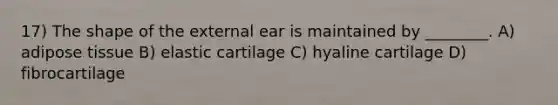 17) The shape of the external ear is maintained by ________. A) adipose tissue B) elastic cartilage C) hyaline cartilage D) fibrocartilage