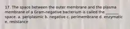 17. The space between the outer membrane and the plasma membrane of a Gram-negative bacterium is called the _______ space. a. periplasmic b. negative c. perimembrane d. enzymatic e. resistance