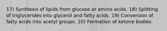 17) Synthesis of lipids from glucose or amino acids. 18) Splitting of triglycerides into glycerol and fatty acids. 19) Conversion of fatty acids into acetyl groups. 20) Formation of ketone bodies