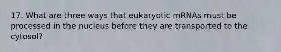 17. What are three ways that eukaryotic mRNAs must be processed in the nucleus before they are transported to the cytosol?