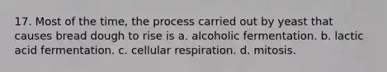 17. Most of the time, the process carried out by yeast that causes bread dough to rise is a. alcoholic fermentation. b. lactic acid fermentation. c. cellular respiration. d. mitosis.