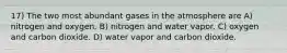 17) The two most abundant gases in the atmosphere are A) nitrogen and oxygen. B) nitrogen and water vapor. C) oxygen and carbon dioxide. D) water vapor and carbon dioxide.