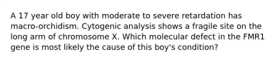 A 17 year old boy with moderate to severe retardation has macro-orchidism. Cytogenic analysis shows a fragile site on the long arm of chromosome X. Which molecular defect in the FMR1 gene is most likely the cause of this boy's condition?