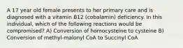 A 17 year old female presents to her primary care and is diagnosed with a vitamin B12 (cobalamin) deficiency. In this individual, which of the following reactions would be compromised? A) Conversion of homocysteine to cysteine B) Conversion of methyl-malonyl CoA to Succinyl CoA