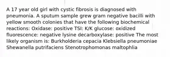 A 17 year old girl with cystic fibrosis is diagnosed with pneumonia. A sputum sample grew gram negative bacilli with yellow smooth colonies that have the following biochemical reactions: Oxidase: positive TSI: K/K glucose: oxidized fluorescence: negative lysine decarboxylase: positive The most likely organism is: Burkholderia cepacia Klebsiella pneumoniae Shewanella putrifaciens Stenotrophomonas maltophlia