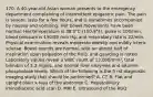 170. A 40-year-old Asian woman presents to the emergency department complaining of intermittent epigastric pain. The pain is severe, lasts for a few hours, and is sometimes accompanied by nausea and vomiting. Her bowel movements have been normal. Her temperature is 38.3°C (100.9°F), pulse is 100/min, blood pressure is 150/80 mm Hg, and respiratory rate is 22/min. Physical examination reveals moderate obesity and mildly icteric sclerae. Bowel sounds are normal, with an abrupt halt of inspiration upon palpation of the RUQ, and guarding is noted. Laboratory values reveal a WBC count of 13,000/mm³, total bilirubin of 3.3 mg/dL, and normal liver enzymes and alkaline phosphatase levels. Which of the following is the fi rst diagnostic imaging study that should be performed? A. CT B. Flat and upright plain x-rays of the abdomen C. Hepatobiliary iminodiacetic acid scan D. MRI E. Ultrasound of the RUQ