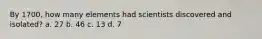 By 1700, how many elements had scientists discovered and isolated? a. 27 b. 46 c. 13 d. 7