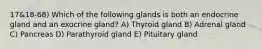 17&18-68) Which of the following glands is both an endocrine gland and an exocrine gland? A) Thyroid gland B) Adrenal gland C) Pancreas D) Parathyroid gland E) Pituitary gland