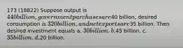 173 (18822) Suppose output is 440 billion, government purchases are40 billion, desired consumption is 320 billion, and net exports are35 billion. Then desired investment equals a. 30 billion. b.45 billion. c. 35 billion. d.20 billion.