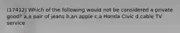 (17412) Which of the following would not be considered a private good? a.a pair of jeans b.an apple c.a Honda Civic d.cable TV service