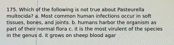 175. Which of the following is not true about Pasteurella multocida? a. Most common human infections occur in soft tissues, bones, and joints. b. humans harbor the organism as part of their normal flora c. it is the most virulent of the species in the genus d. it grows on sheep blood agar