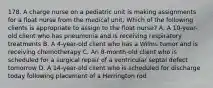 178. A charge nurse on a pediatric unit is making assignments for a float nurse from the medical unit. Which of the following clients is appropriate to assign to the float nurse? A. A 10-year-old client who has pneumonia and is receiving respiratory treatments B. A 4-year-old client who has a Wilms tumor and is receiving chemotherapy C. An 8-month-old client who is scheduled for a surgical repair of a ventricular septal defect tomorrow D. A 14-year-old client who is scheduled for discharge today following placement of a Herrington rod