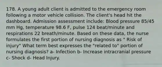 178. A young adult client is admitted to the emergency room following a motor vehicle collision. The client's head hit the dashboard. Admission assessment include: Blood pressure 85/45 mm Hg, temperature 98.6 F, pulse 124 beat/minute and respirations 22 breath/minute. Based on these data, the nurse formulates the first portion of nursing diagnosis as " Risk of injury" What term best expresses the "related to" portion of nursing diagnosis? a- Infection b- Increase intracranial pressure c- Shock d- Head Injury.