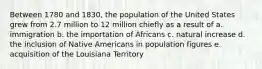 Between 1780 and 1830, the population of the United States grew from 2.7 million to 12 million chiefly as a result of a. immigration b. the importation of Africans c. natural increase d. the inclusion of Native Americans in population figures e. acquisition of the Louisiana Territory