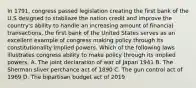 In 1791, congress passed legislation creating the first bank of the U.S designed to stabilaze the nation credit and improve the country's ability to handle an increasing amount of financial transactions, the first bank of the United States serves as an excellent example of congress making policy through its constitutionality implied powers. Which of the following laws illustrates congress ability to make policy through its implied powers. A. The joint declaration of war of Japan 1941 B. The Sherman sliver perchance act of 1890 C. The gun control act of 1969 D. The bipartisan budget act of 2019