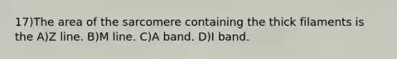 17)The area of the sarcomere containing the thick filaments is the A)Z line. B)M line. C)A band. D)I band.