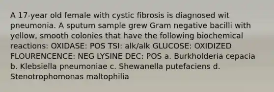 A 17-year old female with cystic fibrosis is diagnosed wit pneumonia. A sputum sample grew Gram negative bacilli with yellow, smooth colonies that have the following biochemical reactions: OXIDASE: POS TSI: alk/alk GLUCOSE: OXIDIZED FLOURENCENCE: NEG LYSINE DEC: POS a. Burkholderia cepacia b. Klebsiella pneumoniae c. Shewanella putefaciens d. Stenotrophomonas maltophilia