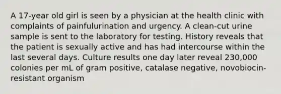 A 17-year old girl is seen by a physician at the health clinic with complaints of painfulurination and urgency. A clean-cut urine sample is sent to the laboratory for testing. History reveals that the patient is sexually active and has had intercourse within the last several days. Culture results one day later reveal 230,000 colonies per mL of gram positive, catalase negative, novobiocin-resistant organism