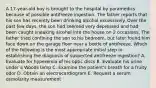 A 17-year-old boy is brought to the hospital by paramedics because of possible antifreeze ingestion. The father reports that his son has recently been drinking alcohol excessively. Over the past few days, the son had seemed very depressed and had been caught sneaking alcohol into the house on 2 occasions. The father tried confining the son to his bedroom, but later found him face down on the garage floor near a bottle of antifreeze. Which of the following is the most appropriate initial step in establishing the diagnosis of suspected antifreeze ingestion? A. Evaluate for hyperemia of his optic discs B. Evaluate his urine under a Woods lamp C. Examine the patient's breath for a fruity odor D. Obtain an electrocardiogram E. Request a serum osmolarity measurement