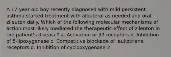 A 17-year-old boy recently diagnosed with mild persistent asthma started treatment with albuterol as needed and oral zileuton daily. Which of the following molecular mechanisms of action most likely mediated the therapeutic effect of zileuton in the patient's disease? a. Activation of β2 receptors b. Inhibition of 5-lipoxygenase c. Competitive blockade of leukotriene receptors d. Inhibition of cyclooxygenase-2