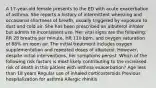 A 17-year-old female presents to the ED with acute exacerbation of asthma. She reports a history of intermittent wheezing and occasional shortness of breath, usually triggered by exposure to dust and cold air. She has been prescribed an albuterol inhaler but admits to inconsistent use. Her vital signs are the following: RR 28 breaths per minute, HR 110 bpm, and oxygen saturation of 88% on room air. The initial treatment includes oxygen supplementation and repeated doses of albuterol. However, despite initial interventions, her symptoms persist. Which of the following risk factors is most likely contributing to the increased risk of death in this patient with asthma exacerbation? Age less than 18 years Regular use of inhaled corticosteroids Previous hospitalization for asthma Allergic rhinitis