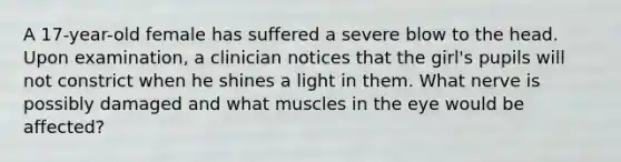 A 17-year-old female has suffered a severe blow to the head. Upon examination, a clinician notices that the girl's pupils will not constrict when he shines a light in them. What nerve is possibly damaged and what muscles in the eye would be affected?