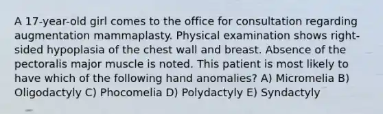 A 17-year-old girl comes to the office for consultation regarding augmentation mammaplasty. Physical examination shows right-sided hypoplasia of the chest wall and breast. Absence of the pectoralis major muscle is noted. This patient is most likely to have which of the following hand anomalies? A) Micromelia B) Oligodactyly C) Phocomelia D) Polydactyly E) Syndactyly