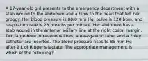 A 17-year-old girl presents to the emergency department with a stab wound to the abdomen and a blow to the head that left her groggy. Her blood pressure is 80/0 mm Hg, pulse is 120 bpm, and respiration rate is 28 breaths per minute. Her abdomen has a stab wound in the anterior axillary line at the right costal margin. Two large-bore intravenous lines, a nasogastric tube, and a Foley catheter are inserted. The blood pressure rises to 85 mm Hg after 2 L of Ringer's lactate. The appropriate management is which of the following?