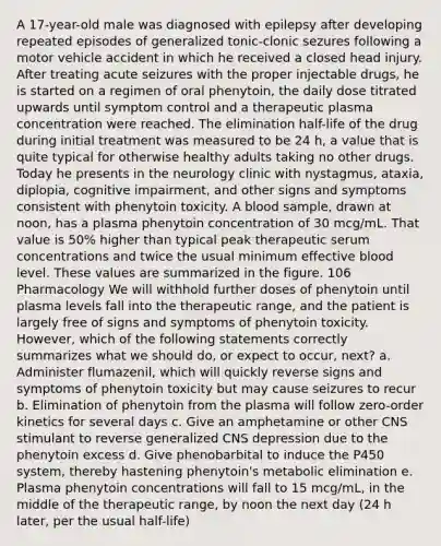 A 17-year-old male was diagnosed with epilepsy after developing repeated episodes of generalized tonic-clonic sezures following a motor vehicle accident in which he received a closed head injury. After treating acute seizures with the proper injectable drugs, he is started on a regimen of oral phenytoin, the daily dose titrated upwards until symptom control and a therapeutic plasma concentration were reached. The elimination half-life of the drug during initial treatment was measured to be 24 h, a value that is quite typical for otherwise healthy adults taking no other drugs. Today he presents in the neurology clinic with nystagmus, ataxia, diplopia, cognitive impairment, and other signs and symptoms consistent with phenytoin toxicity. A blood sample, drawn at noon, has a plasma phenytoin concentration of 30 mcg/mL. That value is 50% higher than typical peak therapeutic serum concentrations and twice the usual minimum effective blood level. These values are summarized in the figure. 106 Pharmacology We will withhold further doses of phenytoin until plasma levels fall into the therapeutic range, and the patient is largely free of signs and symptoms of phenytoin toxicity. However, which of the following statements correctly summarizes what we should do, or expect to occur, next? a. Administer flumazenil, which will quickly reverse signs and symptoms of phenytoin toxicity but may cause seizures to recur b. Elimination of phenytoin from the plasma will follow zero-order kinetics for several days c. Give an amphetamine or other CNS stimulant to reverse generalized CNS depression due to the phenytoin excess d. Give phenobarbital to induce the P450 system, thereby hastening phenytoin's metabolic elimination e. Plasma phenytoin concentrations will fall to 15 mcg/mL, in the middle of the therapeutic range, by noon the next day (24 h later, per the usual half-life)