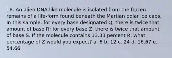 18. An alien DNA-like molecule is isolated from the frozen remains of a life-form found beneath the Martian polar ice caps. In this sample, for every base designated Q, there is twice that amount of base R; for every base Z, there is twice that amount of base S. If the molecule contains 33.33 percent R, what percentage of Z would you expect? a. 6 b. 12 c. 24 d. 16.67 e. 54.66