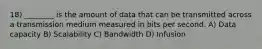 18) ________ is the amount of data that can be transmitted across a transmission medium measured in bits per second. A) Data capacity B) Scalability C) Bandwidth D) Infusion