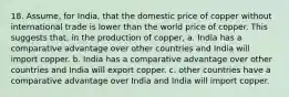 18. Assume, for India, that the domestic price of copper without international trade is lower than the world price of copper. This suggests that, in the production of copper, a. India has a comparative advantage over other countries and India will import copper. b. India has a comparative advantage over other countries and India will export copper. c. other countries have a comparative advantage over India and India will import copper.