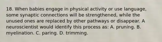 18. When babies engage in physical activity or use language, some synaptic connections will be strengthened, while the unused ones are replaced by other pathways or disappear. A neuroscientist would identify this process as: A. pruning. B. myelination. C. paring. D. trimming.