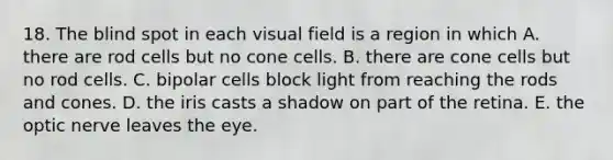 18. The blind spot in each visual field is a region in which A. there are rod cells but no cone cells. B. there are cone cells but no rod cells. C. bipolar cells block light from reaching the rods and cones. D. the iris casts a shadow on part of the retina. E. the optic nerve leaves the eye.