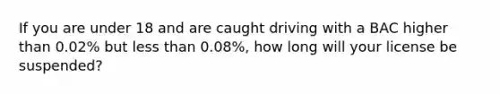 If you are under 18 and are caught driving with a BAC higher than 0.02% but less than 0.08%, how long will your license be suspended?