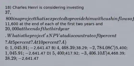 18) Charles Henri is considering investing 37,800 in a project that is expected to provide him with cash inflows of11,600 at the end of each of the first two years and 20,000 at the end of the third year. What is the project's NPV at a discount rate of 0 percent? At 5 percent? At 10 percent? A)0; 1,045.91; −2,641.47 B) 4,468.39;38.29; −2,784.08 C)5,400;1,045.91; −2,641.47 D) 5,400;417.92; −3,406.10 E)4,468.39; 38.29; −2,641.47