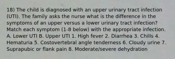 18) The child is diagnosed with an upper urinary tract infection (UTI). The family asks the nurse what is the difference in the symptoms of an upper versus a lower urinary tract infection? Match each symptom (1-8 below) with the appropriate infection. A. Lower UTI B. Upper UTI 1. High fever 2. Diarrhea 3. Chills 4. Hematuria 5. Costovertebral angle tenderness 6. Cloudy urine 7. Suprapubic or flank pain 8. Moderate/severe dehydration