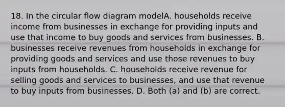 18. In the circular flow diagram modelA. households receive income from businesses in exchange for providing inputs and use that income to buy goods and services from businesses. B. businesses receive revenues from households in exchange for providing goods and services and use those revenues to buy inputs from households. C. households receive revenue for selling goods and services to businesses, and use that revenue to buy inputs from businesses. D. Both (a) and (b) are correct.